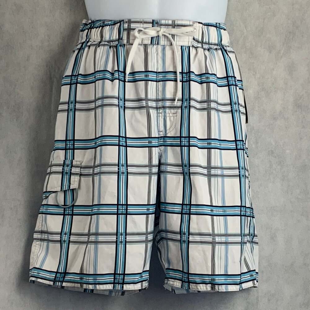 Newport Blue Men's Beach Side Plaid Swim Trunks Swimsuit, Blue White, Small